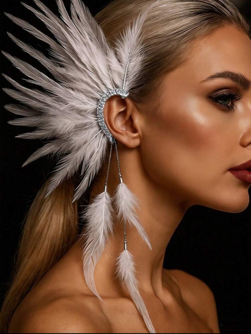 Silver Feather Ear Cuff with Draped Feathers